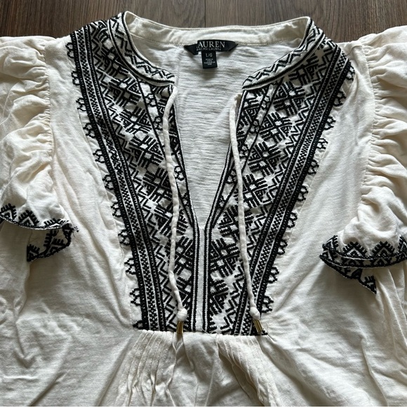 Lauren Ralph Lauren Black Label Peasant Shirt Embroidered Flutter Sleeve Large - Picture 5 of 9